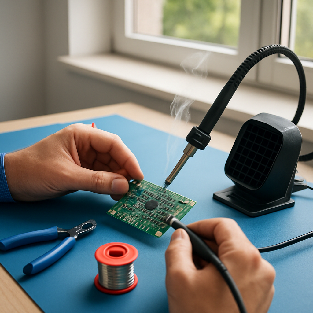 Werkplatz mit ESD‑Matte, Handgelenkband, kleiner Rauchabsaugung an der Lötspitze, geöffneter Fensterflügel im Hintergrund