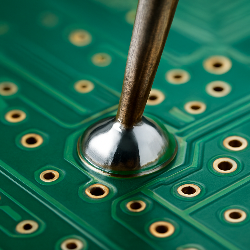 Makroaufnahme einer idealen Lötstelle auf einer durchkontaktierten Platine: glänzende, saubere Form mit korrekt benetztem Anschlussbein
