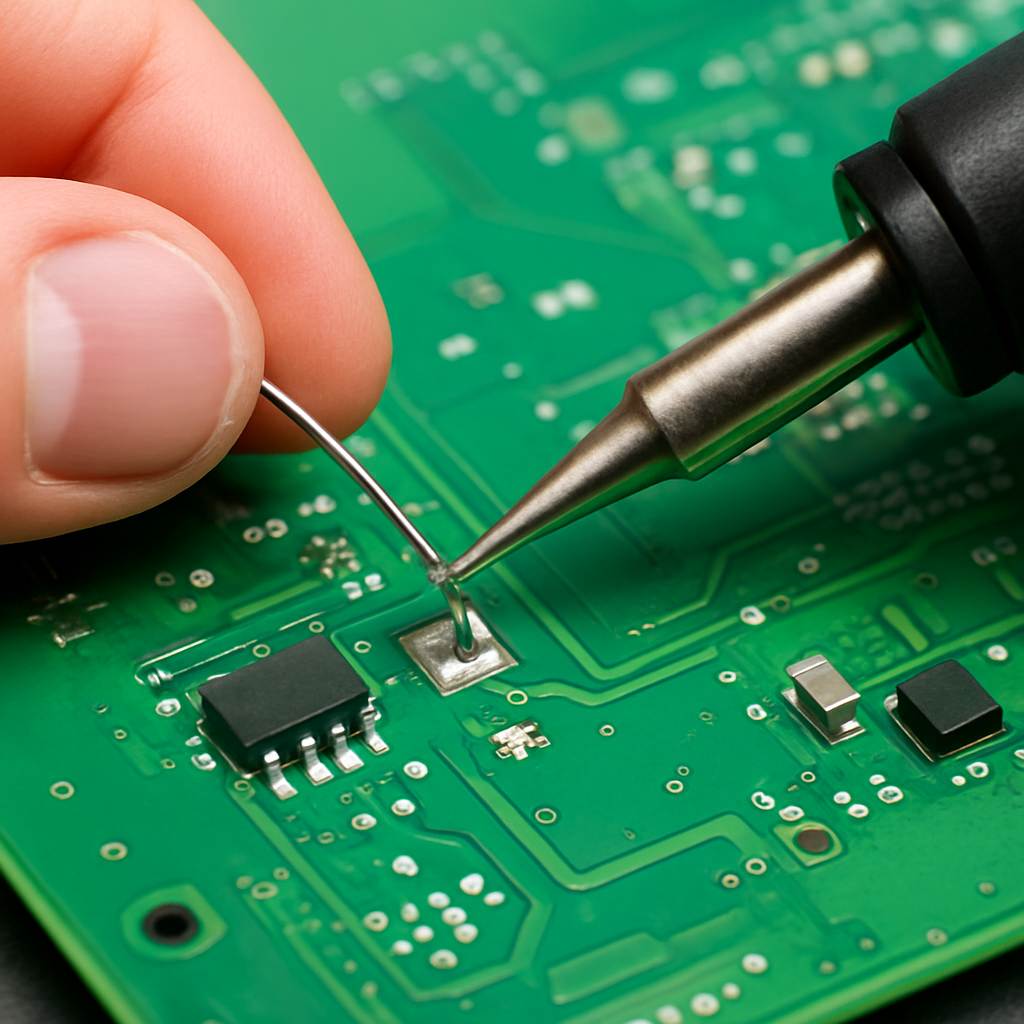 Sequenzbild: Hand zeigt richtige Position der Lötspitze an Pad und Bein; daneben Lot wird angesetzt