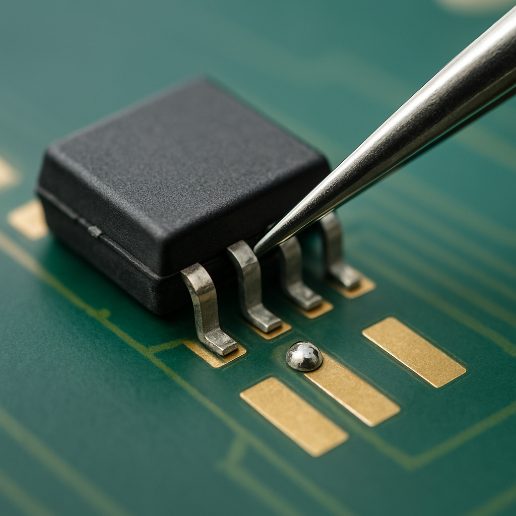 Nahaufnahme eines SMD‑Bauteils (SOIC) auf einem Pad, Pinzette positioniert, winzige Lötperle erkennbar