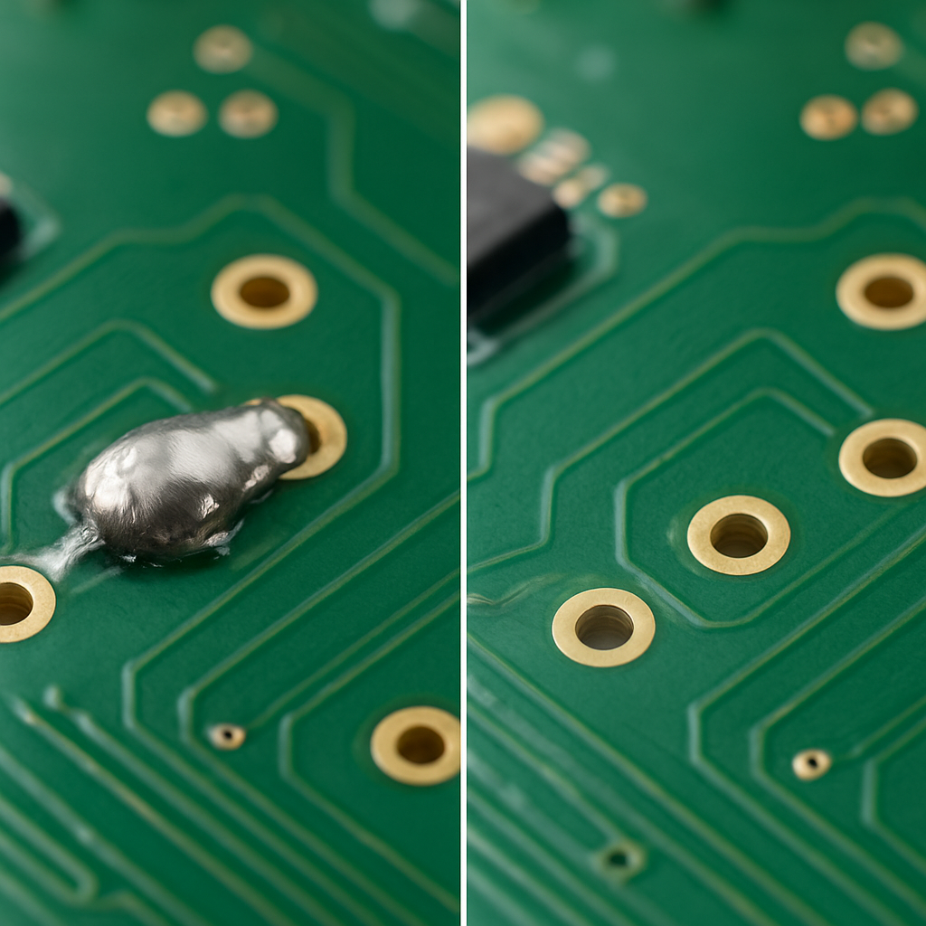 Vorher‑Nachher: Platine mit Lötbrücke, daneben die gleiche Stelle nach Entfernung mit Entlötlitze und sauberer Nachverlötsung