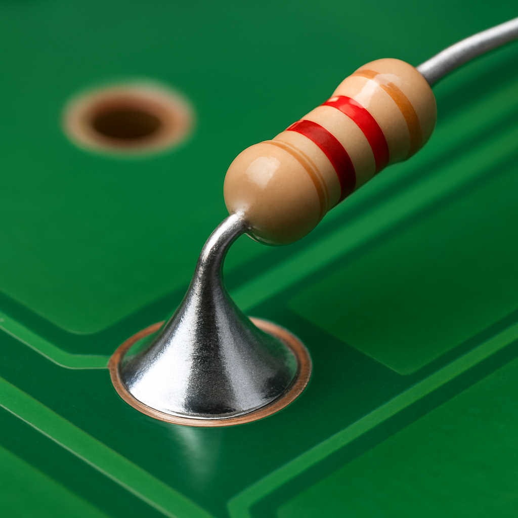 Close‑up auf eine glänzende, korrekt geformte Lötstelle an einem Widerstand auf einer Platine – gut sichtbare Kegel‑Form und saubere Pad‑Anbindung