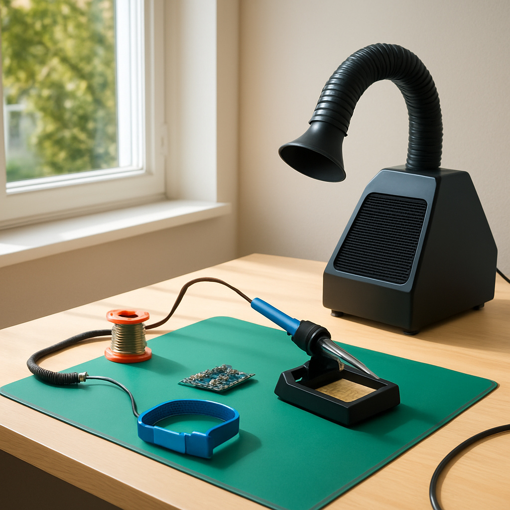 Arbeitsplatz mit offener Fensterlüftung und kleiner Absaugung, geerdete Matte und antistatisches Armband sichtbar