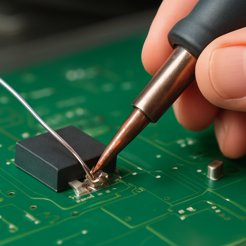 Nahaufnahme einer Hand, die Lot an eine heißen Pad-Bauteil‑Verbindung zuführt; gut sichtbare Spitze, Lötzinn und Flussmittel