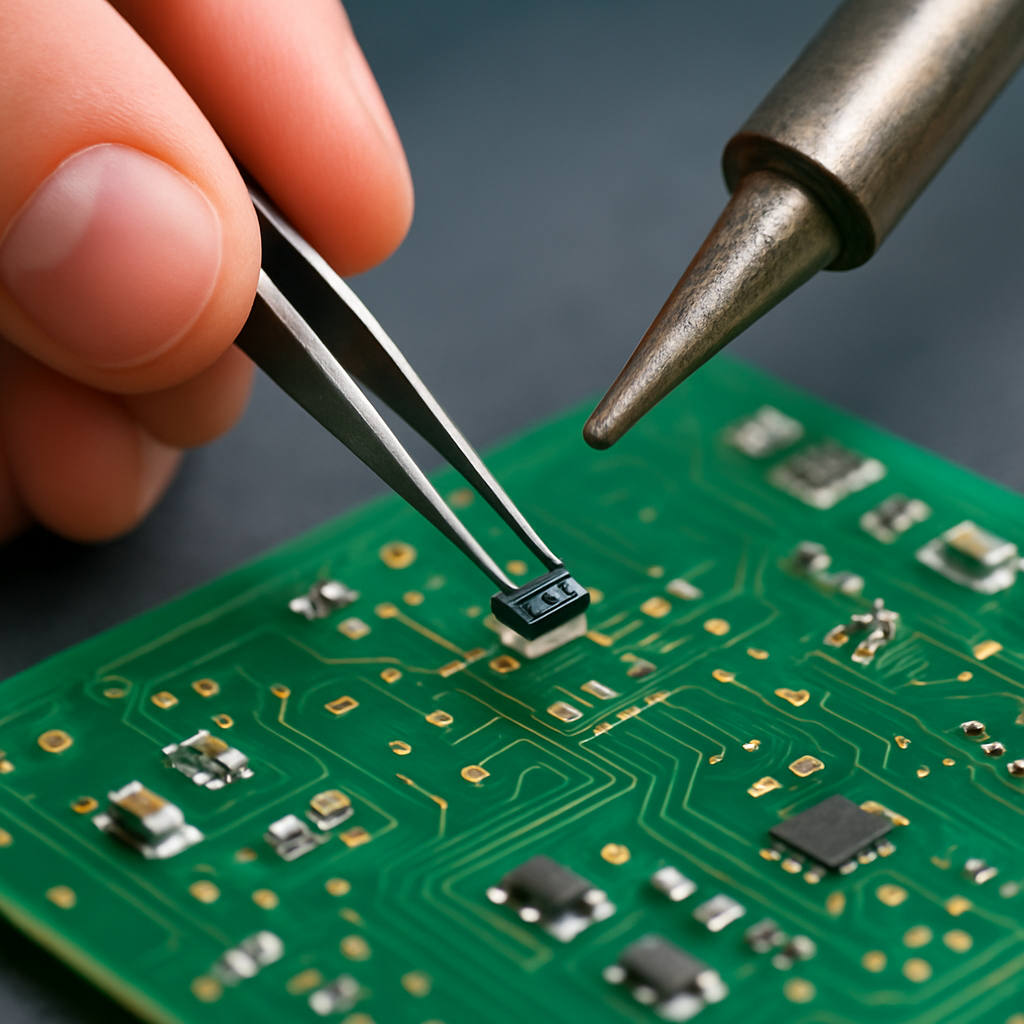 Hand mit feiner Pinzette, die ein SMD‑Widerstand auf einem Pad platziert; Lötspitze und feine Lötstelle im Hintergrund