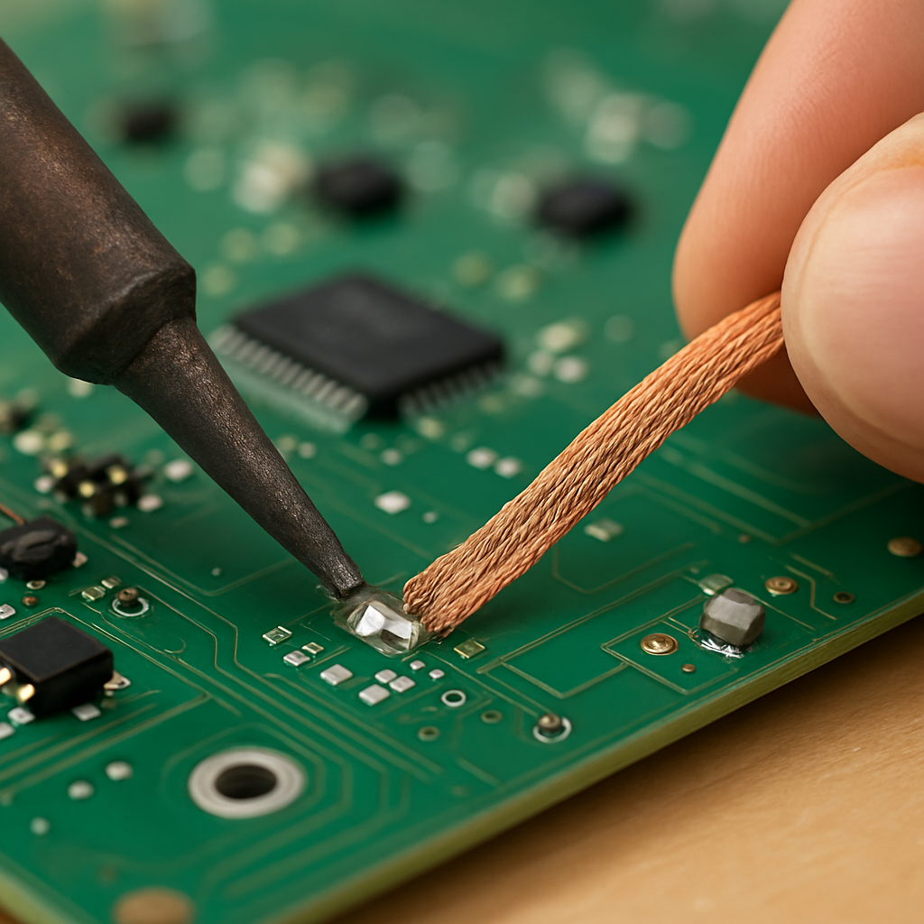 Demonstration von Entlötlitze auf einer Platine, wie sie überschüssiges Lot aufnimmt, mit klar sichtbarem Vorher/Nachher