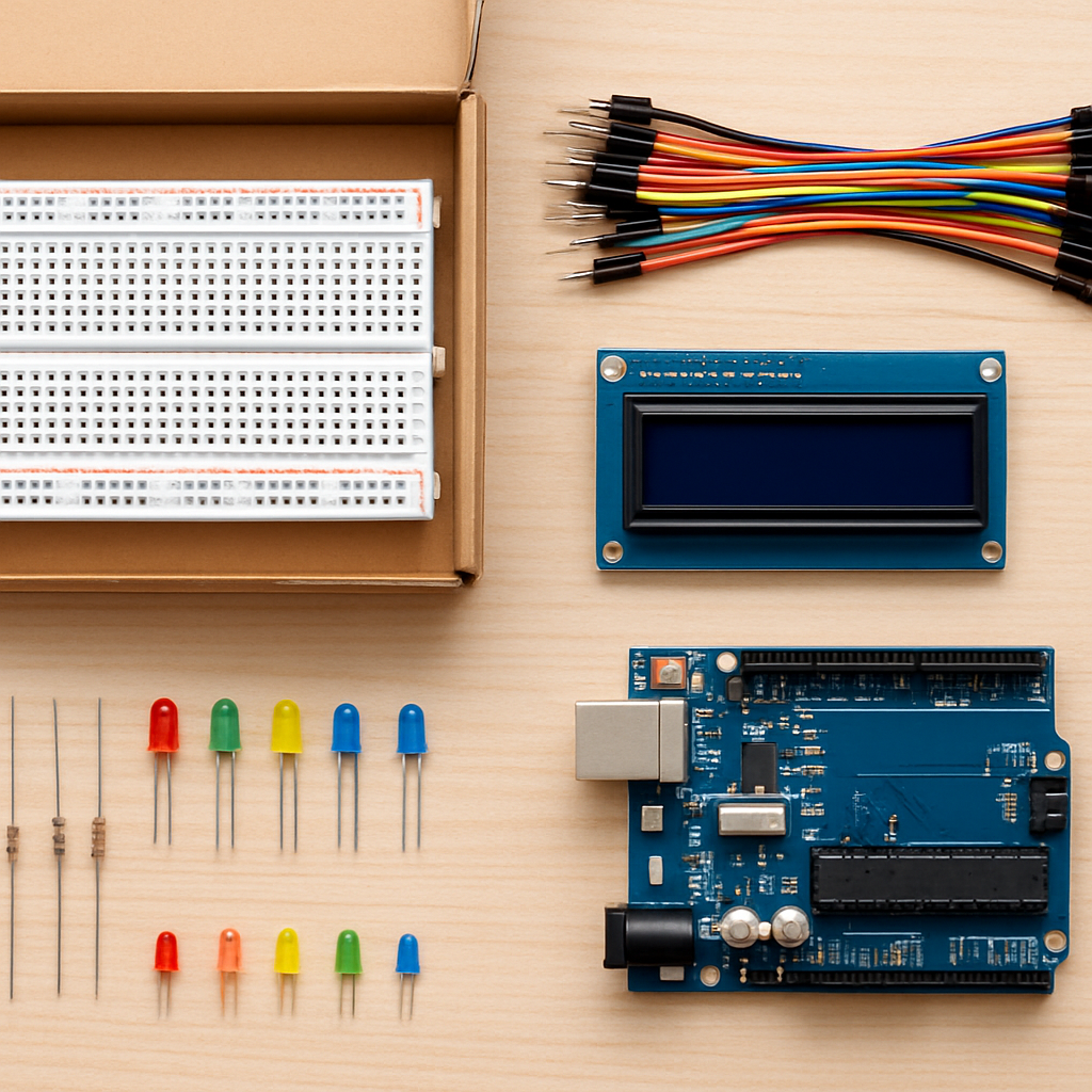 Ein kompaktes Einsteiger-Kit geöffnet auf einem Tisch: Breadboard, Drähte, LEDs, Widerstände, ein kleines Display und ein Mikrocontroller-Board — übersichtlich angeordnet