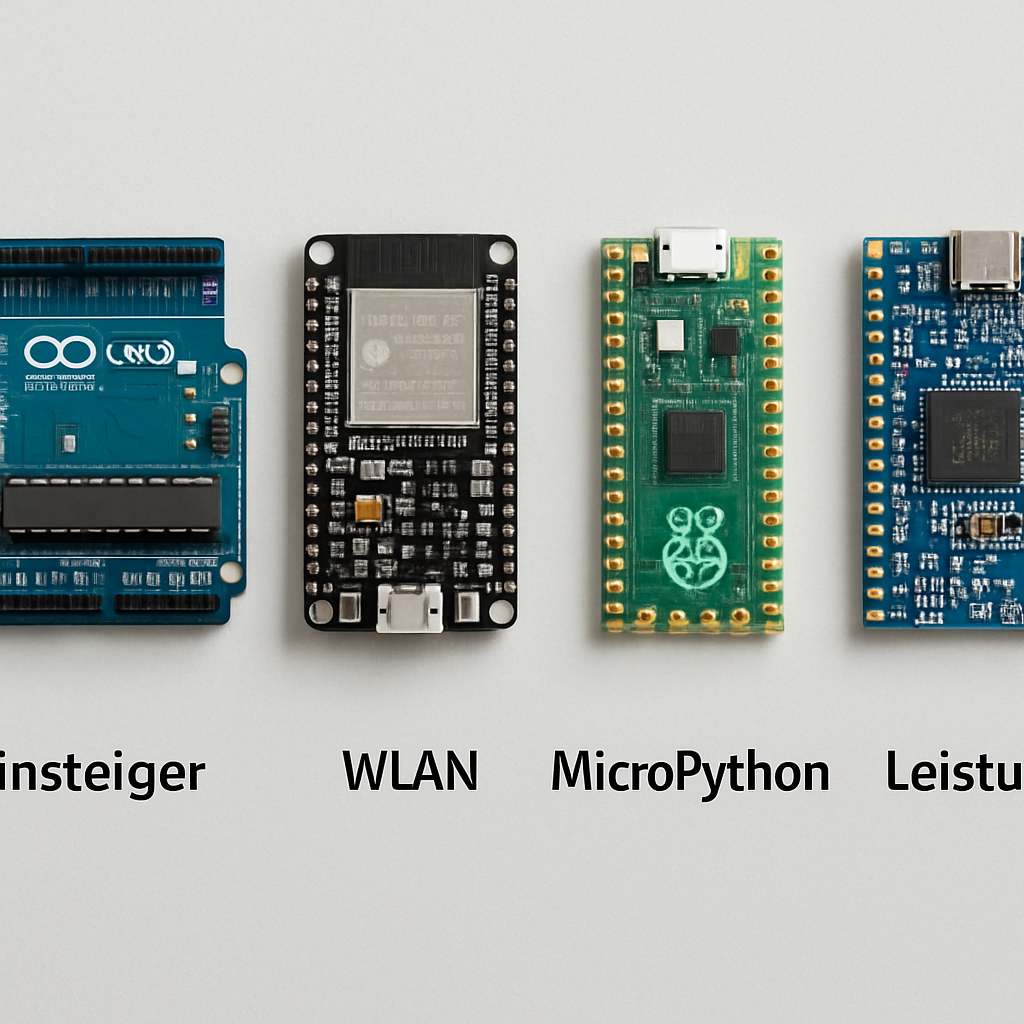 Vier kleine Boards nebeneinander (Arduino-Style, ESP32, Raspberry Pi Pico, STM32-Board) mit Beschriftungen, die ihre Stärken (Einsteiger, WLAN, MicroPython, Leistung) anzeigen