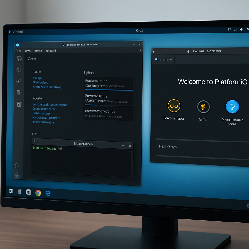 Bildschirmfoto einer Linux-Desktopumgebung mit geöffnetem VS Code, Terminal und PlatformIO — klar erkennbare Icons, aufgeräumte Arbeitsfläche
