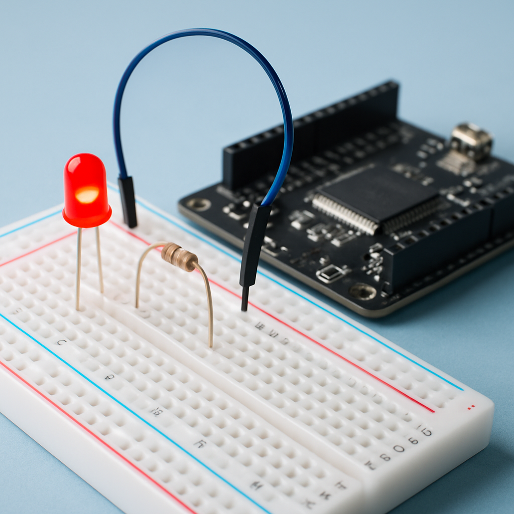 Nahaufnahme eines Breadboards mit einer LED, einem Vorwiderstand und Verbindungen zum Mikrocontroller — klare, gut belichtete Aufnahme