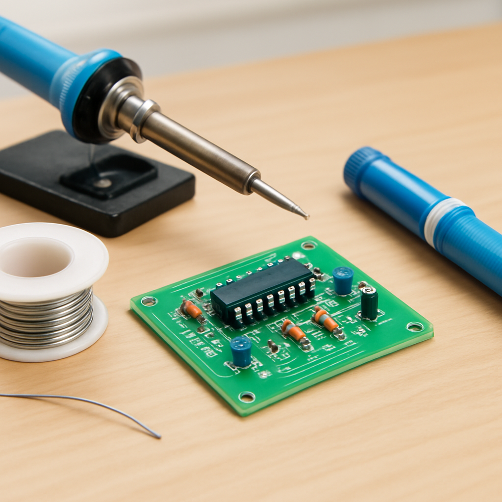 Arbeitsplatz mit Lötkolben, Lötzinn, Entlötpumpe und einem kleinen, sauber gelöteten THT-Projekt — helle, sachliche Darstellung