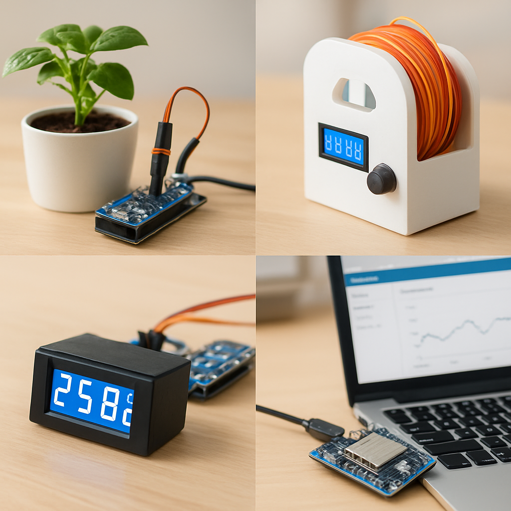 Mehrere kleine Projektideen als Collage: eine Pflanzenbewässerung, ein kleiner Filament-Trockner, ein Temperatur-Display und ein ESP32 mit einer Weboberfläche — alltagsnahe, inspirierende Aufnahmen