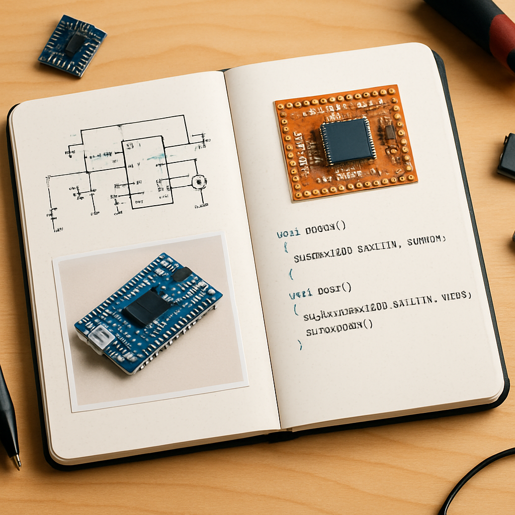 Ein aufgeräumtes Projekt-Notizbuch, in dem Schaltpläne, Fotos und kurze Code-Snippets gesammelt sind — gemütliche, produktive Stimmung