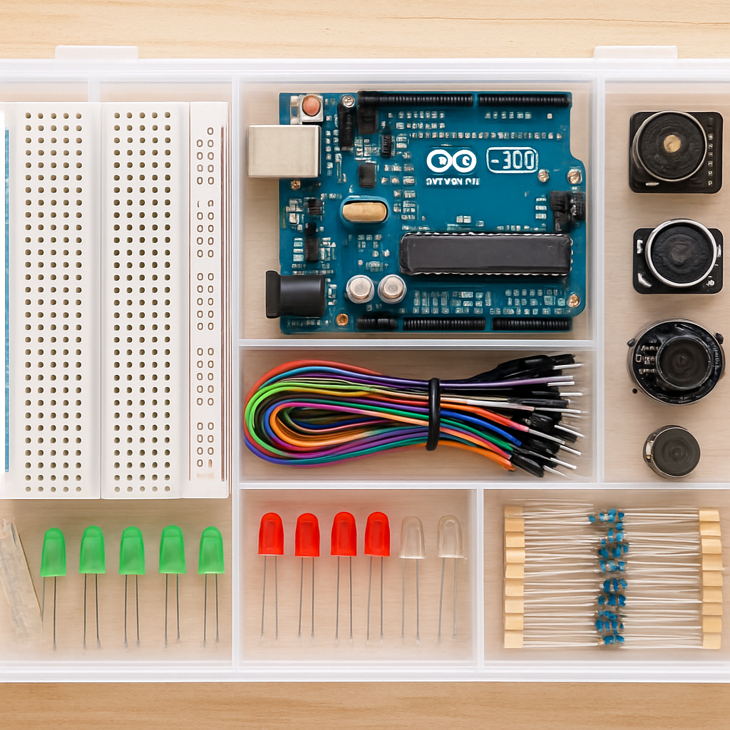 Einsteiger-Set mit Breadboard, verschiedenen Sensoren (Lichtsensor, Temperatursensor), Jumper-Kabeln, LEDs und Widerständen, alles ordentlich sortiert in einem Aufbewahrungs-Case.
