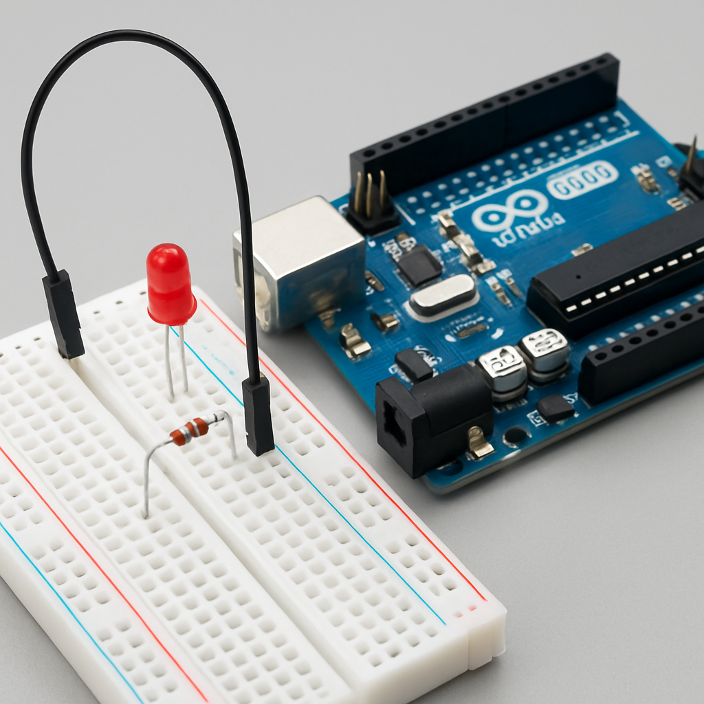 Breadboard-Nahaufnahme: LED (Anode länger) steckt in separaten Reihen, ein Vorwiderstand (z. B. 220 Ω) führt zur Ground-Schiene; Arduino-Pin verbunden mit Jumperkabel.