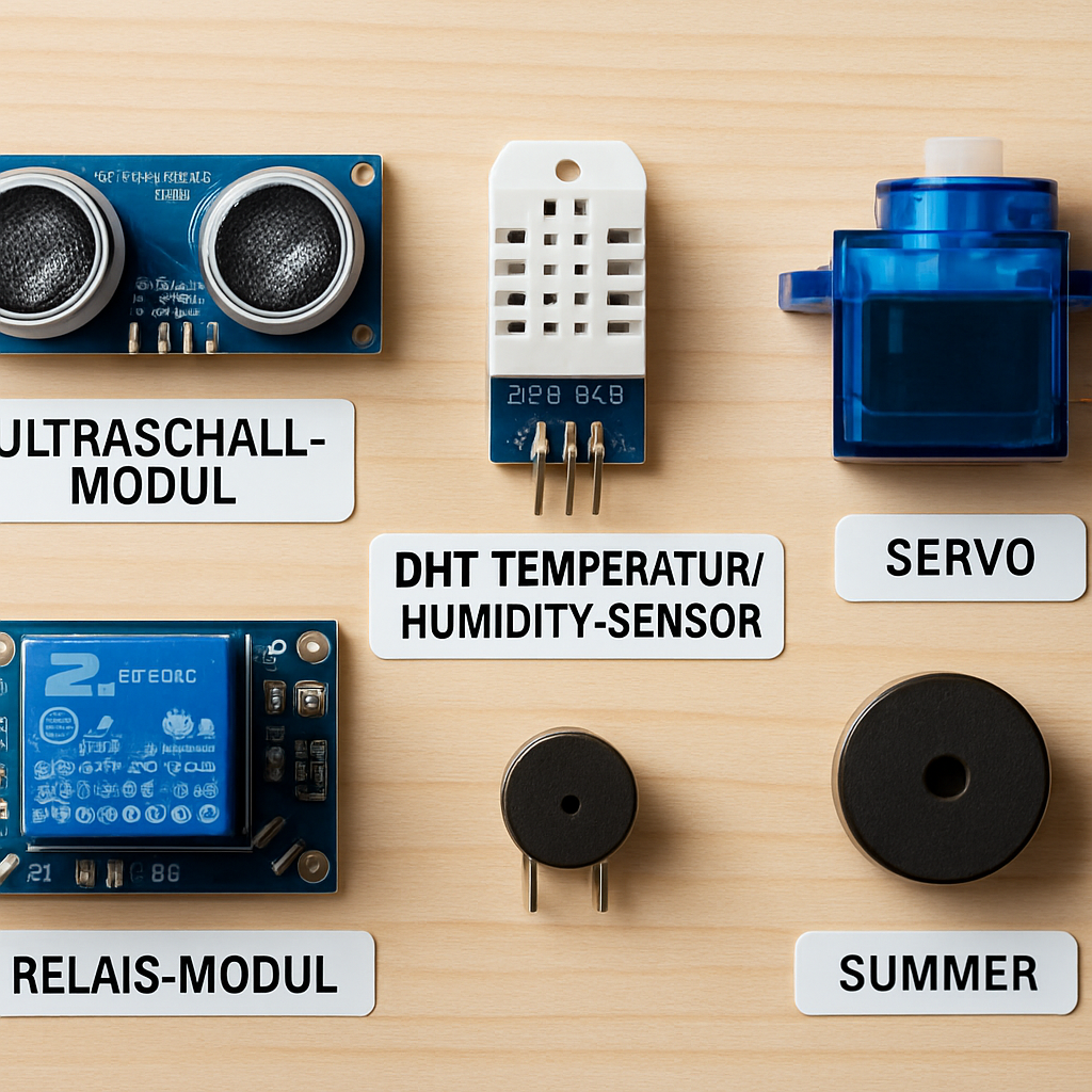 Verschiedene Sensoren und Aktoren: Ultraschall-Modul, DHT-Temperatur/Humidity-Sensor, Servo, Relais-Modul und Summer auf einem Tisch, beschriftet und einsatzbereit.
