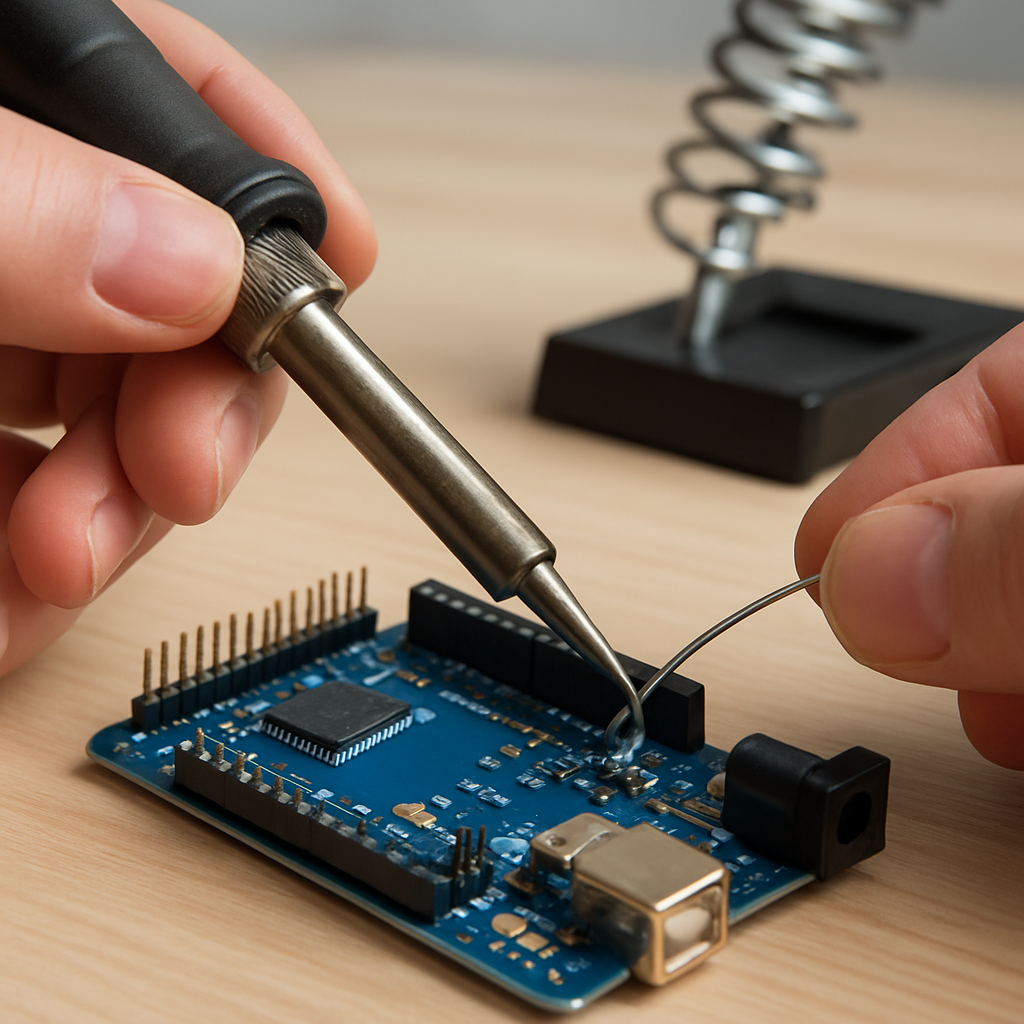 Löten-Demonstration-Nahaufnahme: Hand mit Lötkolben, Lötspitze an Pad, Lotfluss sichtbar. Gut belüfteter Arbeitsplatz, Lötkolben im Ständer.