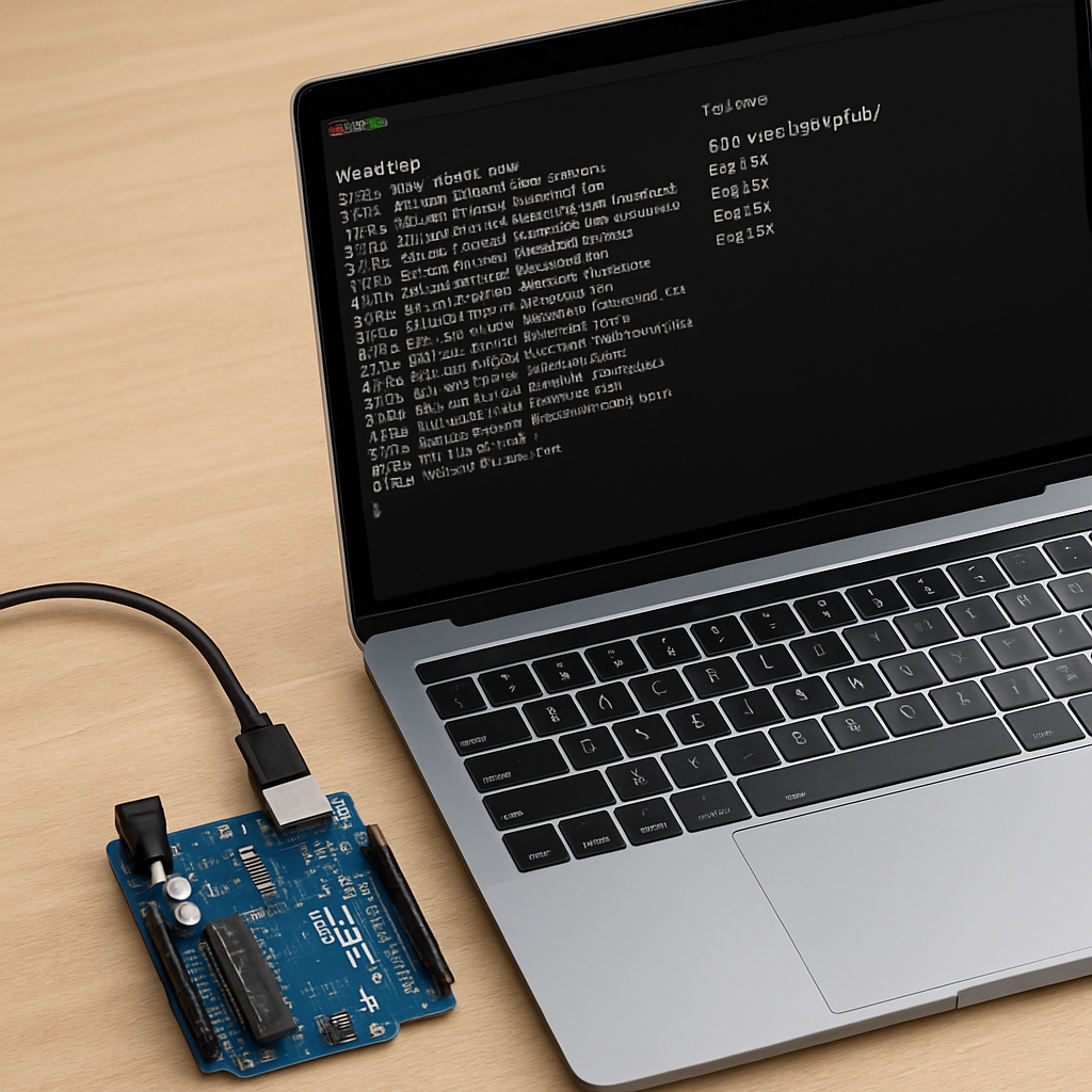 Linux-Terminal: Terminalfenster zeigt dmesg-Ausgabe und ls /dev/serial/by-id/, daneben ein Laptop mit angeschlossenem Arduino.