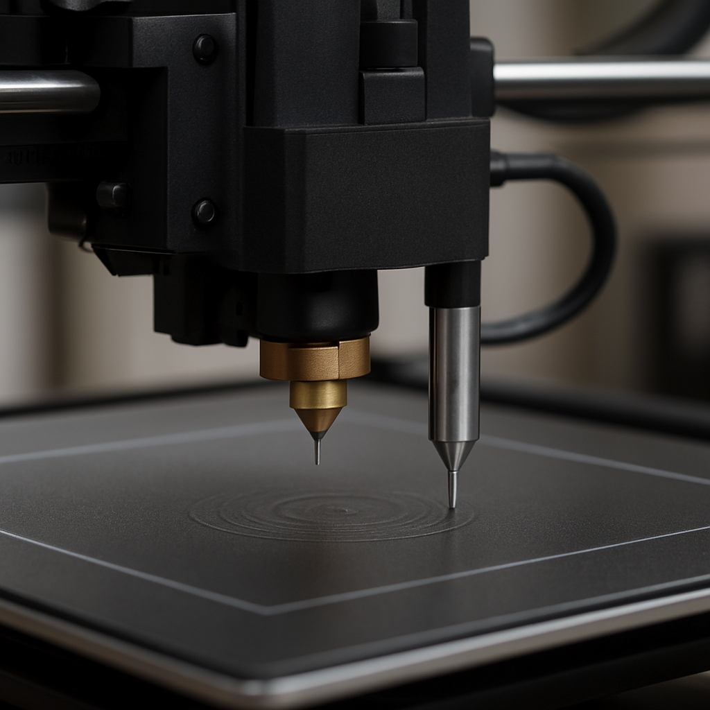 A close-up of a printer nozzle performing an auto‑bed‑leveling routine, with a clear view of the print bed and probe sensor