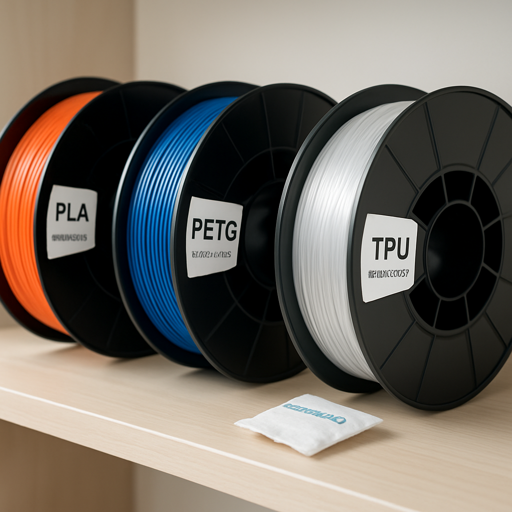 Three spools of filament (PLA, PETG, TPU) arranged on a shelf, with labels showing typical temperature ranges and a small desiccant pack nearby