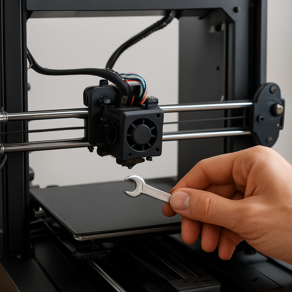 An open printer showing tidy cable routing, an easily accessible extruder and a hands‑on person checking belt tension with a small wrench