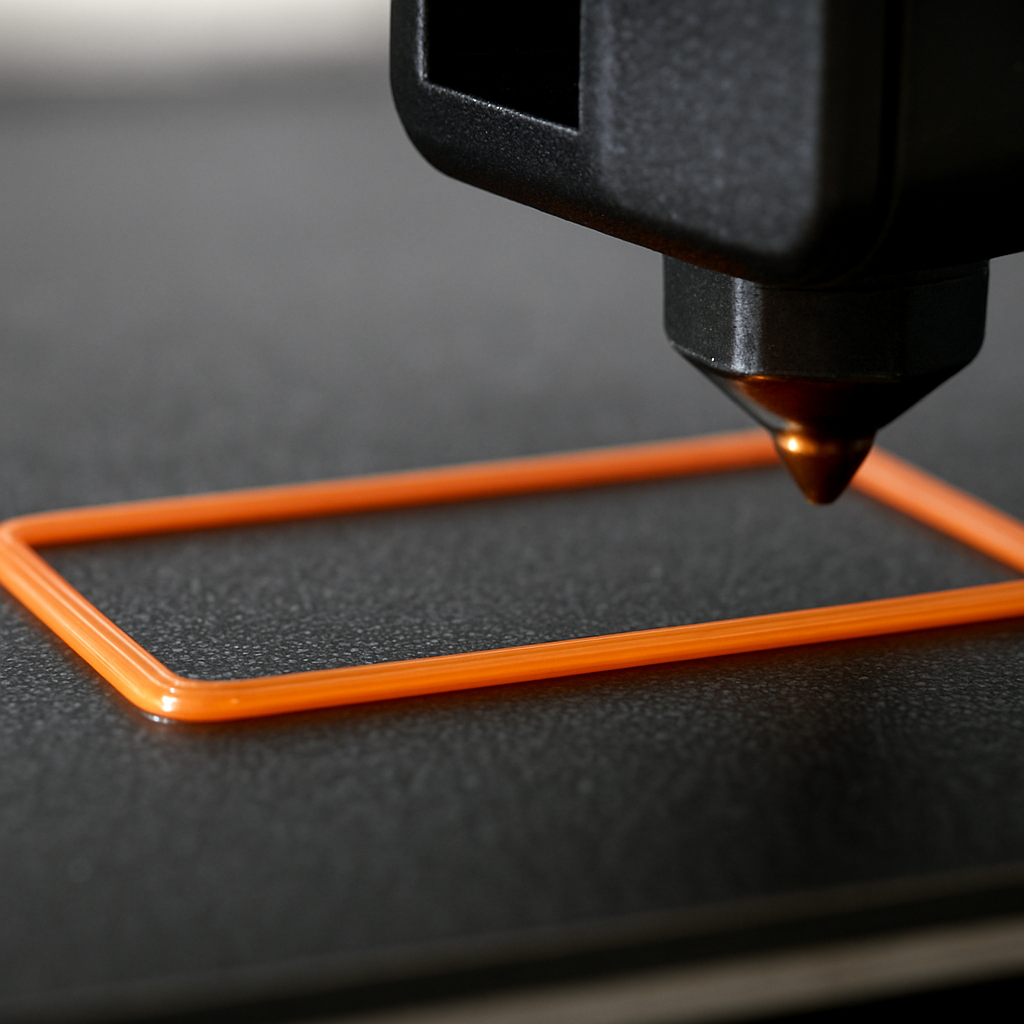 A macro shot of a perfect first layer on a print bed, showing a slightly flattened filament line and no gaps