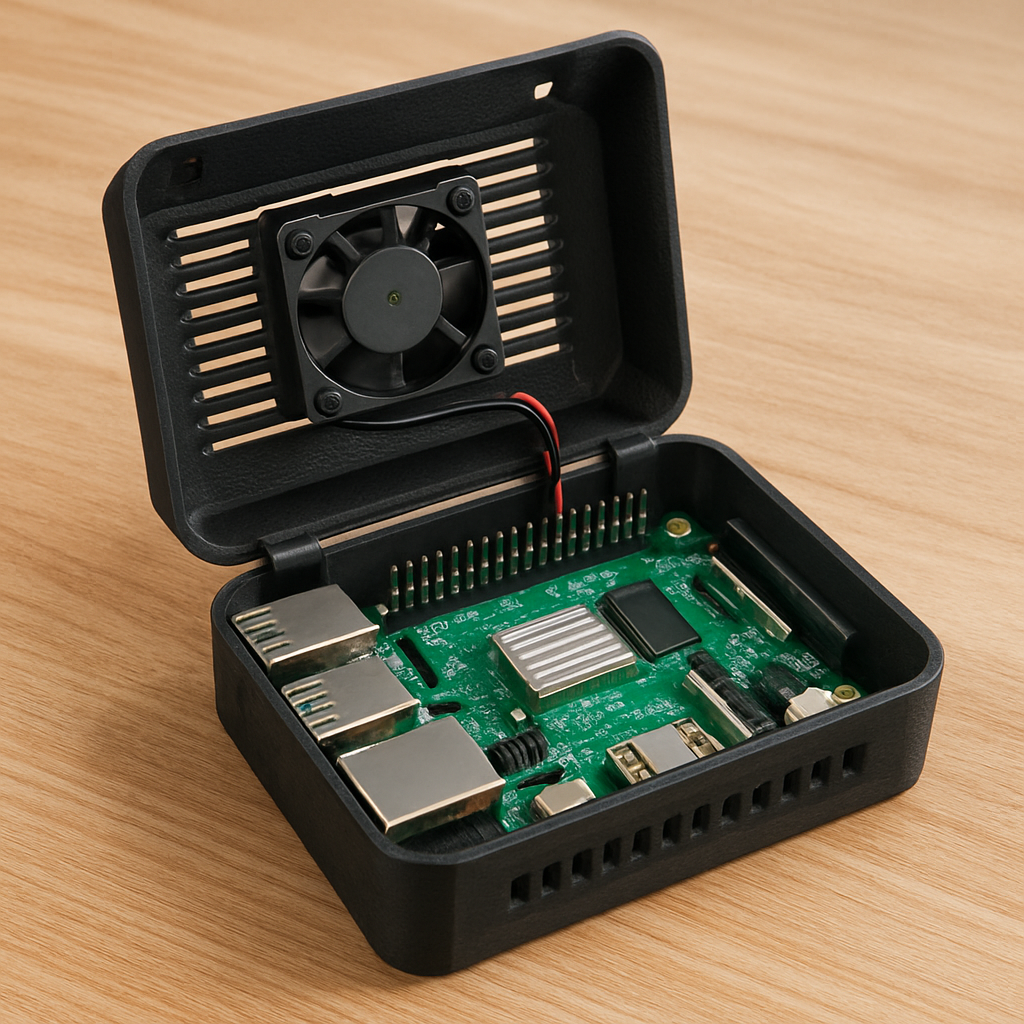 A printed Raspberry Pi case open on a bench, showing the Pi mounted inside, cable routing, ventilation slots and a small fan mounted in the lid