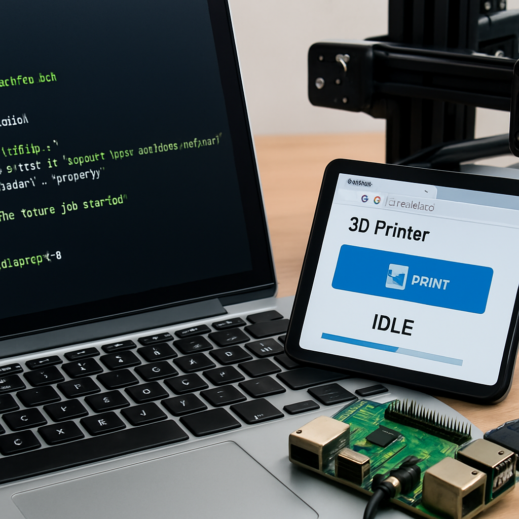 Close-up of a Linux terminal on a laptop next to a Raspberry Pi controlling a printer, showing a simple bash script and a web UI in a browser