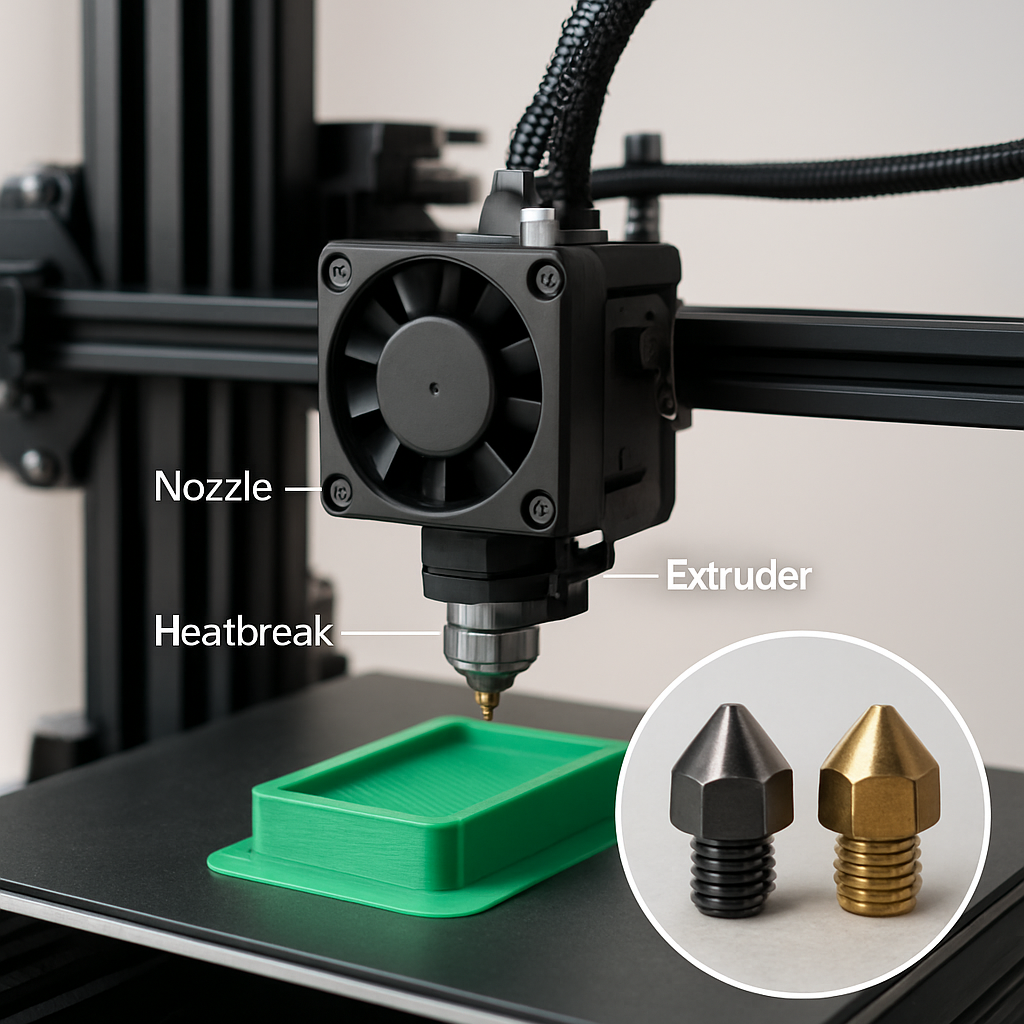 Photograph of a 3D printer with a direct-drive extruder, labeled parts (nozzle, heatbreak, extruder) and a separate inset showing a hardened steel nozzle next to a worn brass one