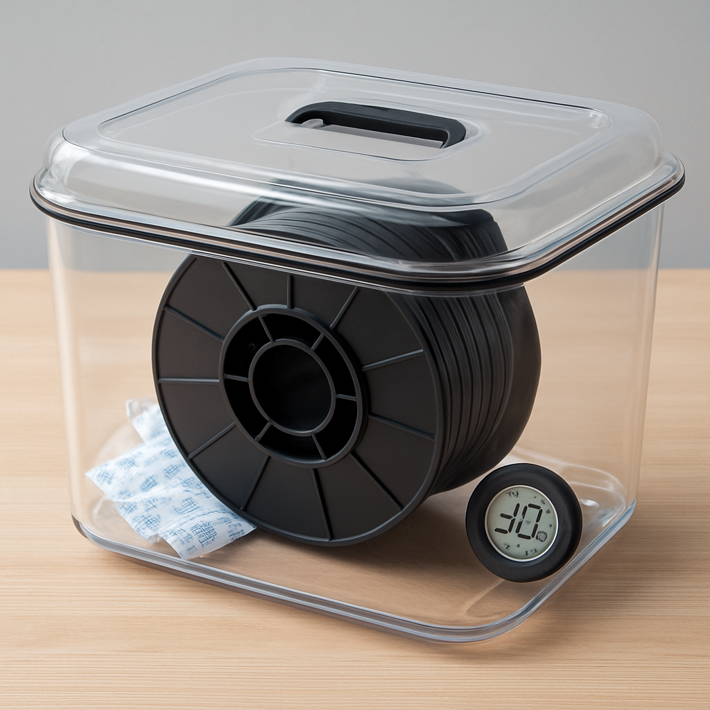 Drybox setup with a filament spool inside, desiccant packets, and a small hygrometer visible through a transparent lid
