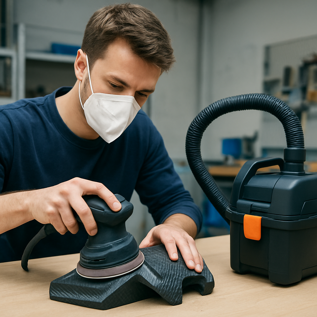 Workshop scene with a person wearing a protective mask and using a small dust extractor while sanding a CF-printed part