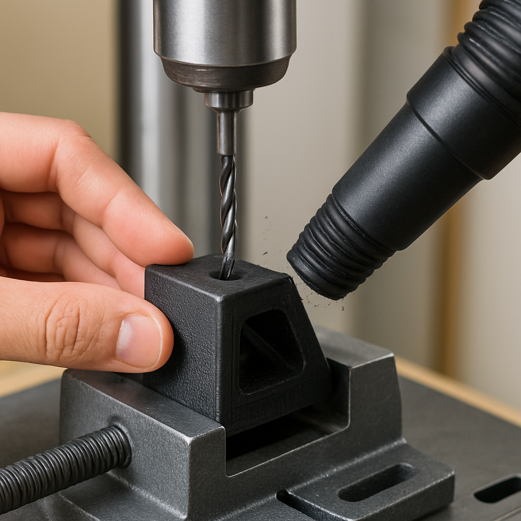 Hands performing slow drilling into a small CF-printed part with the part clamped; visible drill bit and dust extractor hose