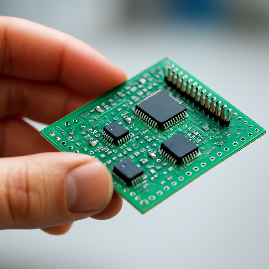 Nahaufnahme einer Hand, die eine freiliegende Leiterplatte an den Kanten hält; Pins und ICs gut erkennbar