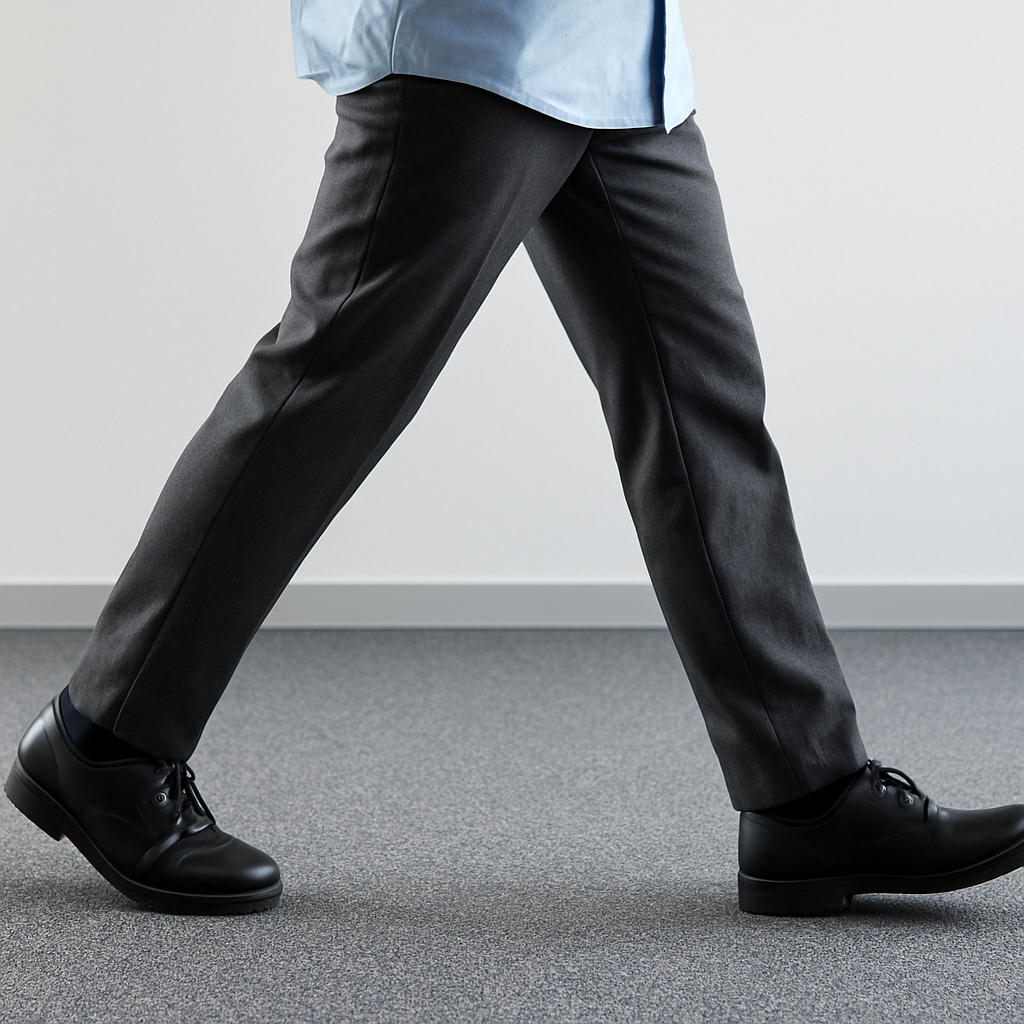 Person, die über Teppichboden läuft; Fokus auf Füße und mögliche Aufladungsquellen wie synthetische Kleidung