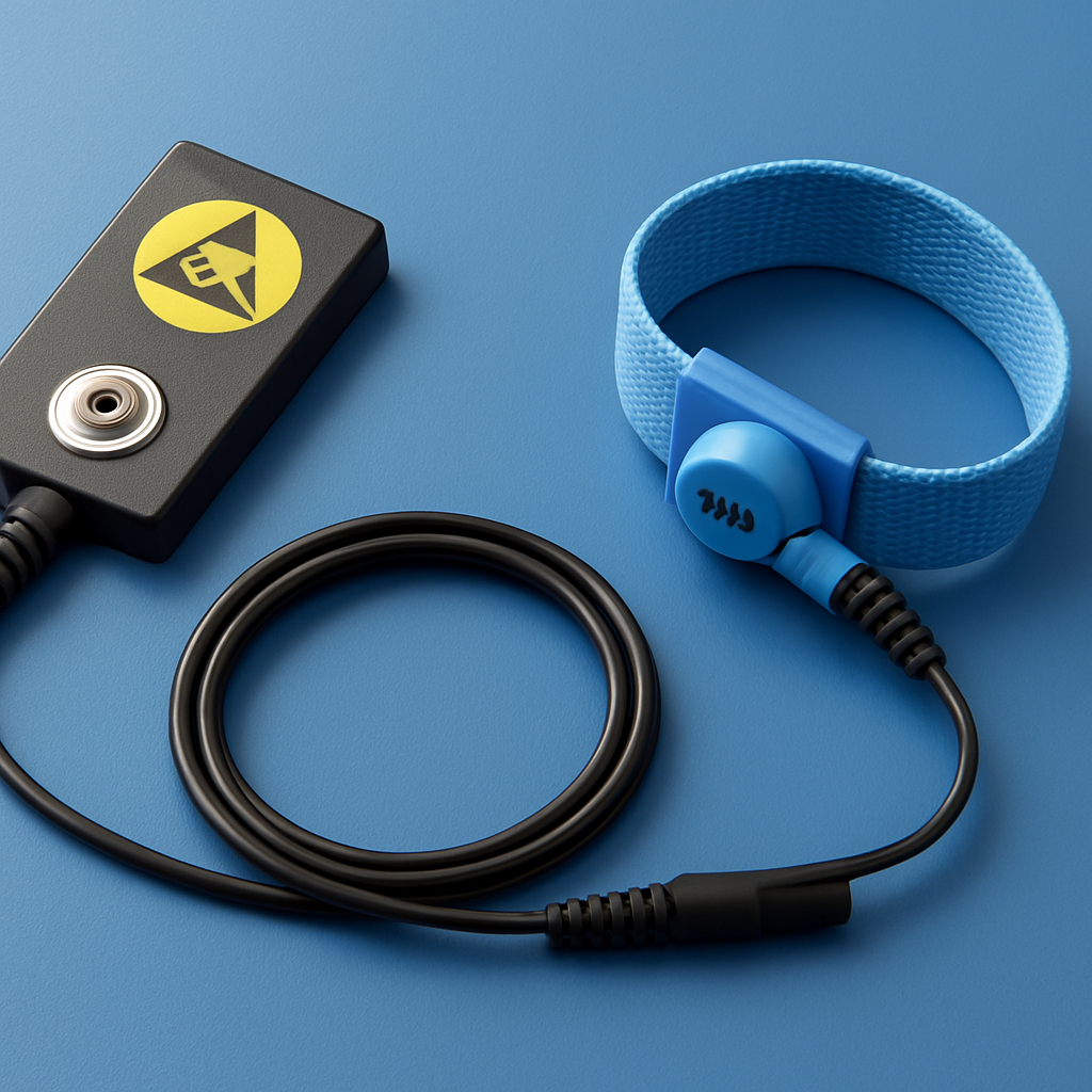 Close‑up einer ESD‑Matte mit angeschlossenem Erdungskabel, daneben ein ESD‑Armband mit 1 MΩ Widerstand