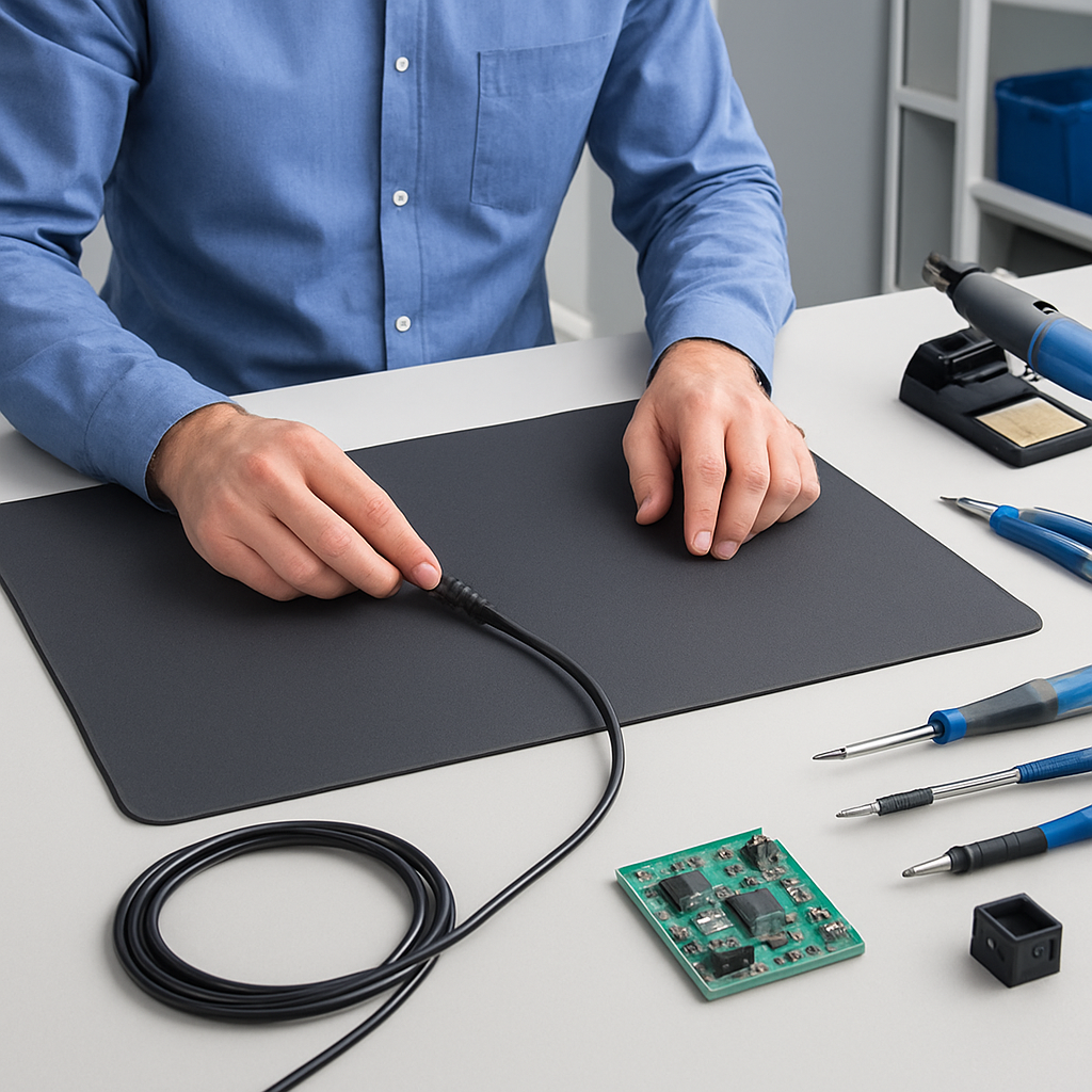 Workflow‑Bild: Anwender legt Matte auf Tisch, verbindet Erdungskabel, legt Werkzeuge übersichtlich ab