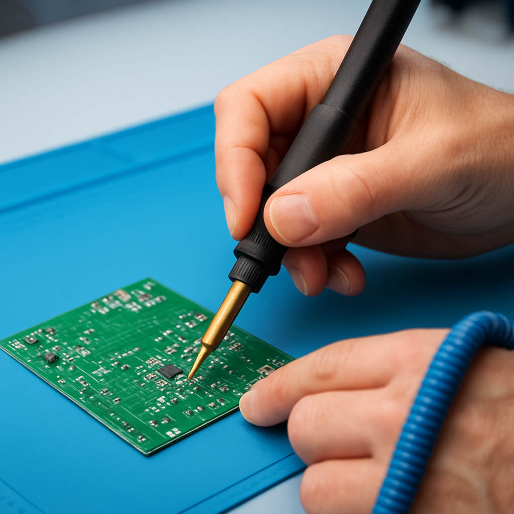 Hand mit ESD‑Armband lötet eine SMD‑Bauteil auf einer Matte; kleine gelbe Lötspitze, konzentrierter Arbeitsbereich
