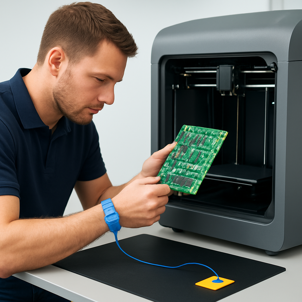 Techniker wechselt ein Mainboard in einem geöffneten 3D‑Drucker, trägt ESD‑Armband und arbeitet auf einer Matte