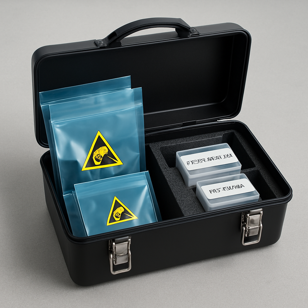 Aufnahme einer sauberen Toolbox mit ESD‑Beuteln, Schaumstoffeinlagen und beschrifteten Boxen