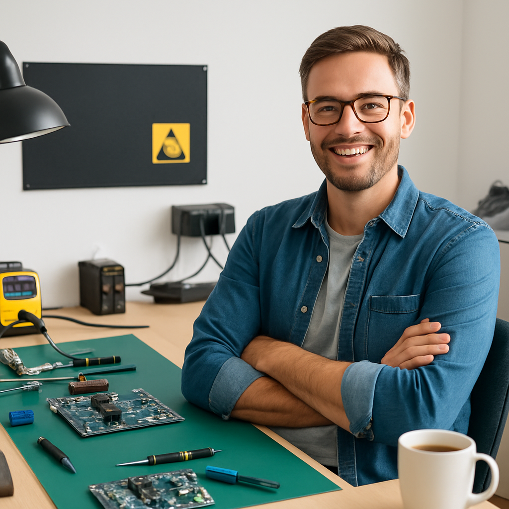 Abschlussbild: entspannter Hobbybastler neben sicher eingerichteter Arbeitsfläche, eine Tasse Kaffee, ein Paar Laufschuhe im Hintergrund als Hinweis auf Balance zwischen Hobby und Alltag