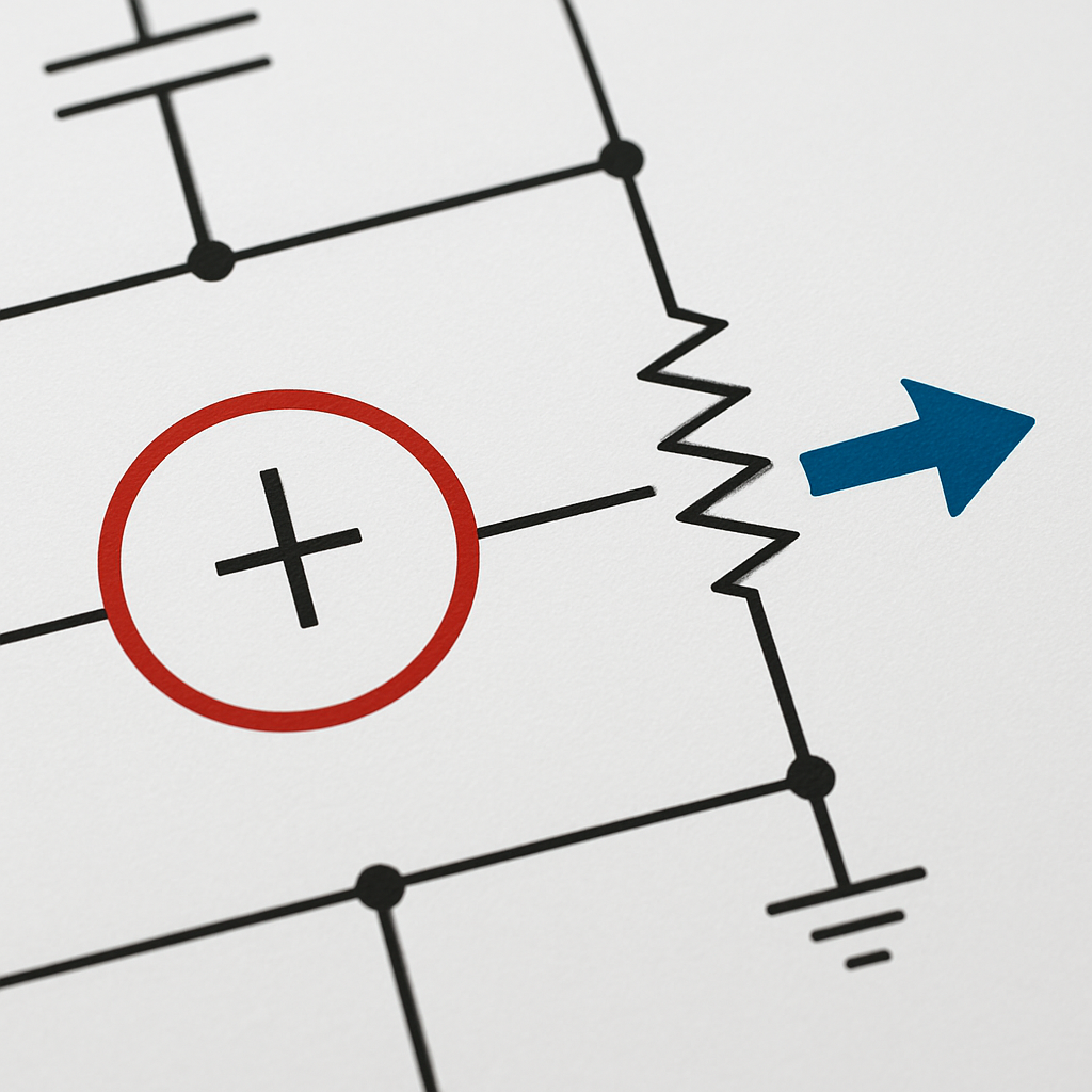 Detailaufnahme eines einfachen Schaltplans mit markierter Stromquelle und Signalfluss