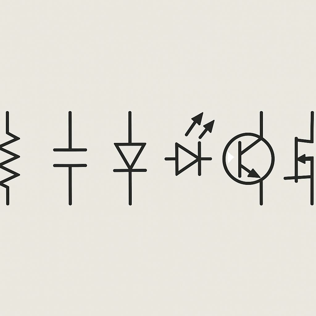 Grafik mit einer Reihe von Symbolen nebeneinander: Widerstand, Kondensator, Diode, LED, NPN-Transistor, MOSFET
