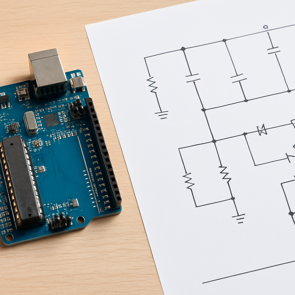 Foto eines Mikrocontroller-Boards neben einem zugehörigen Schaltplan, der Pins und Verbindungen zeigt