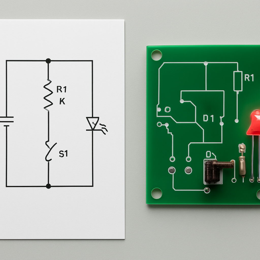 Vergleichsbild mit Schaltplan, Platinenlayout und bestückter Platine eines einfachen Projekts (Blink-LED), um den Abgleich der drei Ebenen zu zeigen