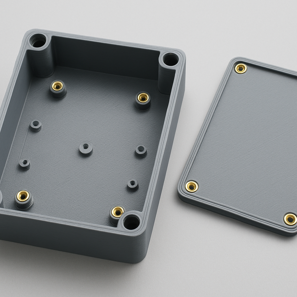 Top view of a printed electronics enclosure with multiple heat‑set inserts visible, and an opened lid showing PCB mounting points