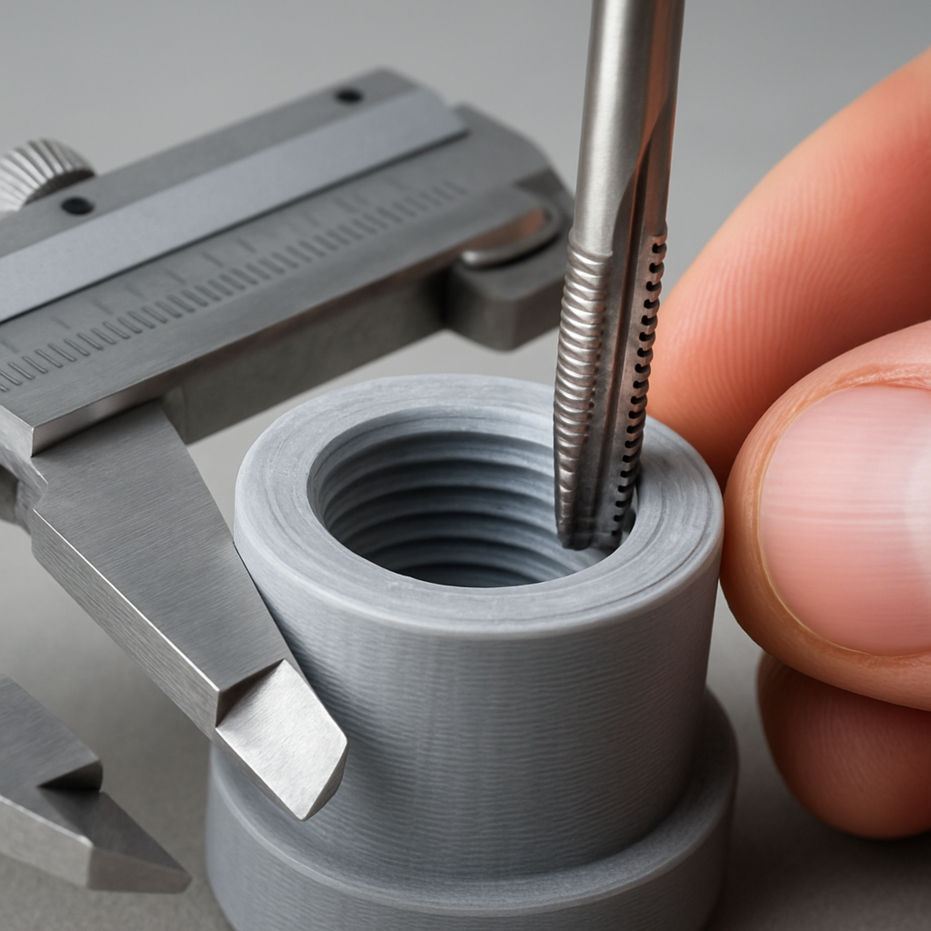 Macro shot of a printed internal thread being inspected with calipers and then gently chased with a tap