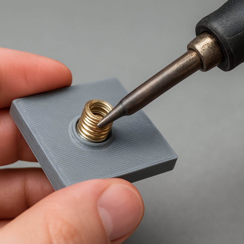 Step-by-step sequence: heating a brass heat‑set insert with a soldering iron and pressing it into a printed PETG panel
