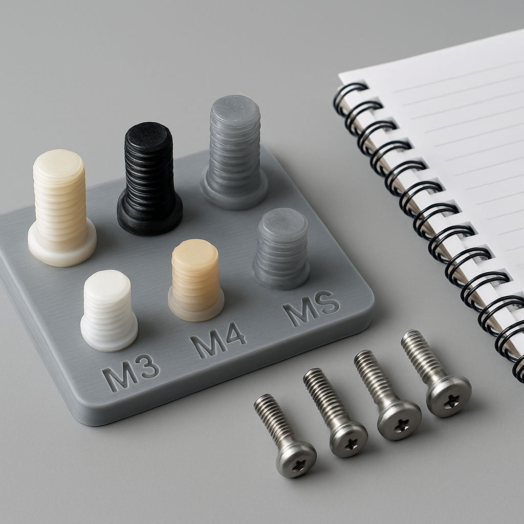Small test rig with multiple printed thread samples (M3–M6) in different materials laid out with screws next to them and a notebook for documenting results