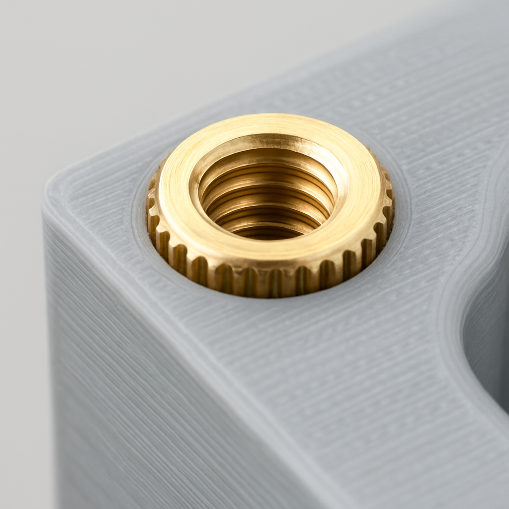 Closeup of a brass heatset insert partially sunk into a 3D printed PLA part, showing clean fit and surrounding layers