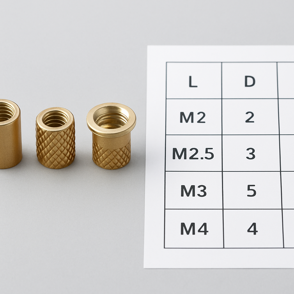 Verschiedene Heatset-Einsätze: zylindrisch, gerändelt, mit Bund; daneben eine Tabelle (schematisch) mit typischen Abmessungen für M2–M4